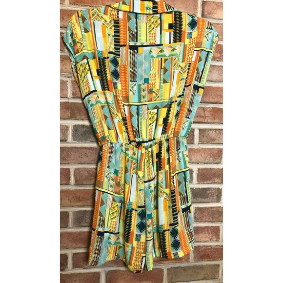 Sleeveless Aztec Design Collared V-Neck Elastic Waist Romper Sz M Pockets Flowy - Picture 5 of 7